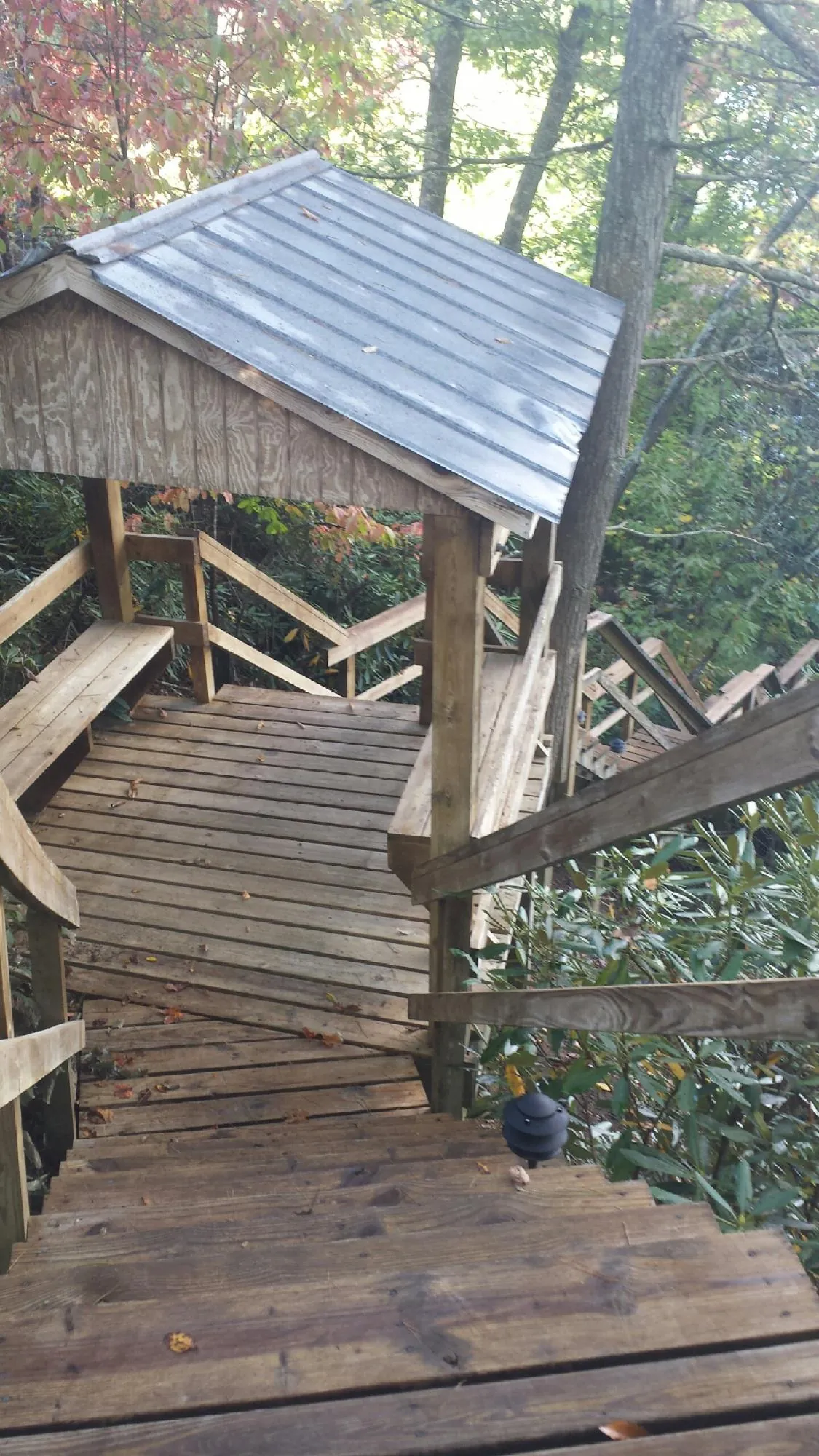 Metal roofed shelter over wooden steps on a wooded walkway — Skylight Repair & Installation work by our crew in Stantonville